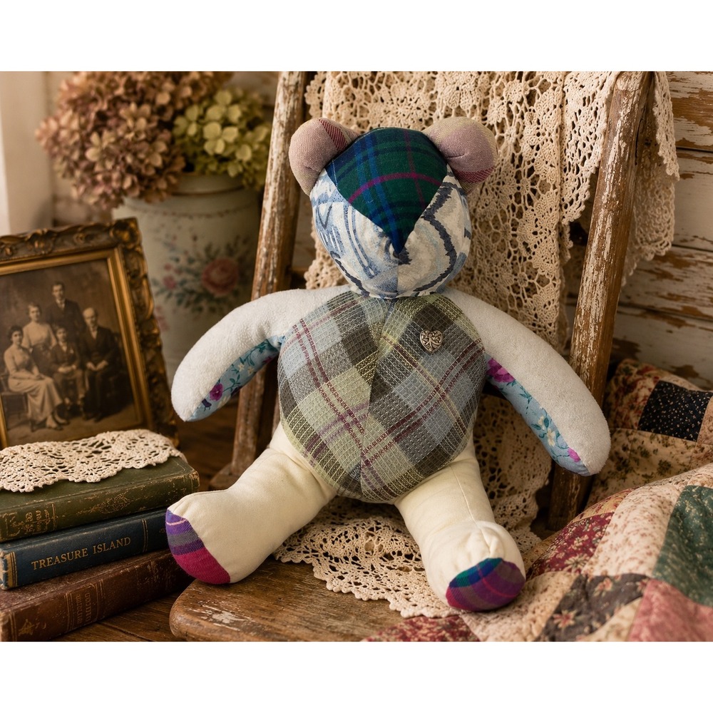 Handmade Patchwork Memory Bear 2004 Eastman-Glenn Reunion Plaid Floral Plush 15"